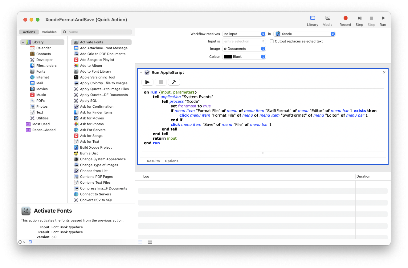 Add a Run AppleScript action